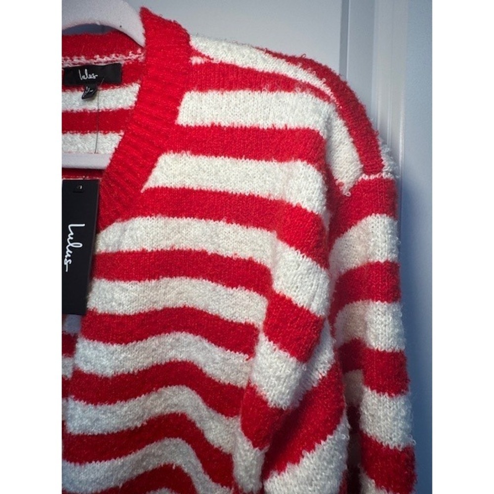 Lulus - Fuzzy Red White Striped Cropped Button Front Cardigan Sweater - Picture 4 of 5